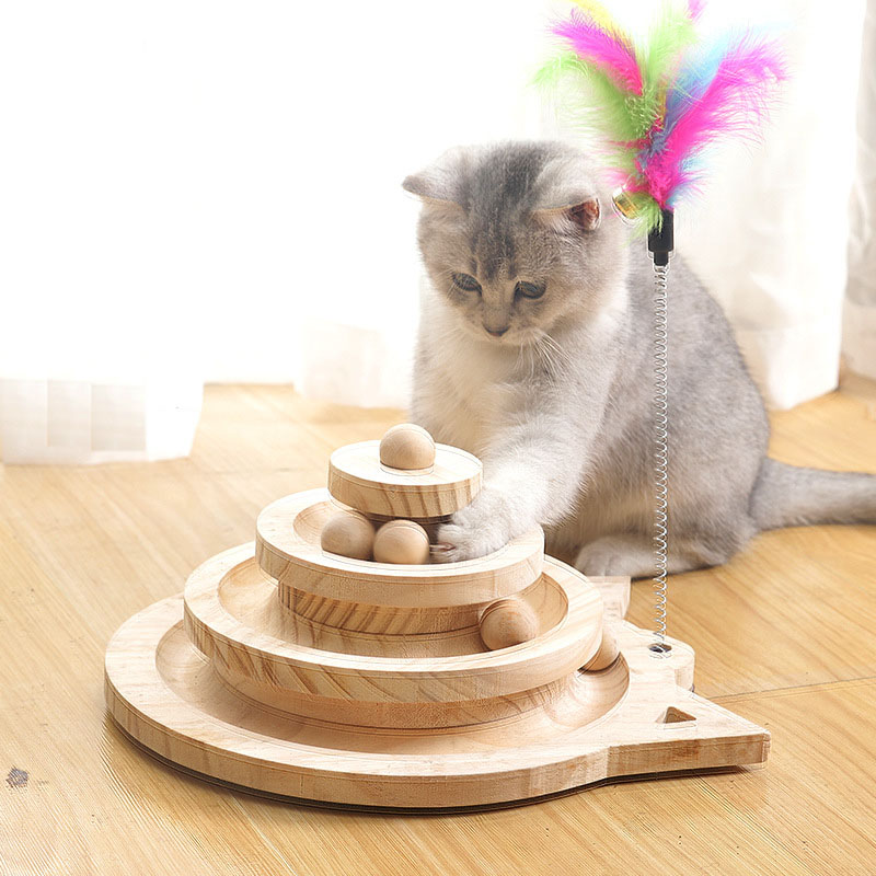 Giocattolo interattivo per animali domestici Giocattoli per gatti Giradischi in legno a tre strati Pet Smart Track Matching Color Ball Bell Giocattolo interattivo per gatti a dondolo