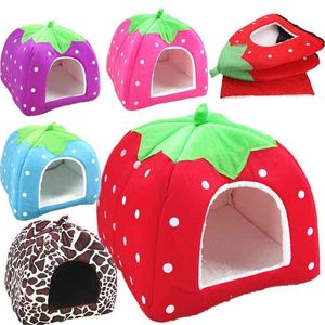 Produit pour animaux de compagnie Chat House Lit pliable doux hiver léopard chien lit fraise grotte chien maison chenil nid chien polaire chat lit 210924