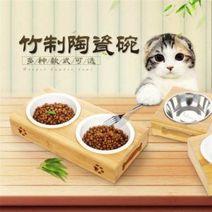 Pet roestvrijstalen keramische voeding en waterkommen met bamboe frame voor honden en katten hondenvoedselkom hond voeding 201109