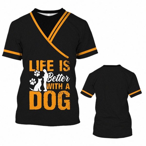 Pet Store Funny Uniforme Animal Dog Groomer 3D Imprimer Travail pour hommes et femmes Lâche Confortable Col rond T-shirt à manches courtes Top 47dY #