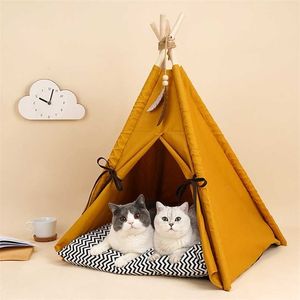 Tente pour animaux de compagnie pour chiens chiot chat lit jaune toile chien mignon maison tipi avec coussin, 30 pouces de haut, s jusqu'à 15lbs 211111