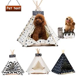 Pet Tent House Cat Bed Draagbare Tipi met Dikke Kussen en 4 Kleuren Beschikbaar voor Hond Puppy Excursie Outdoor Indoor 210924