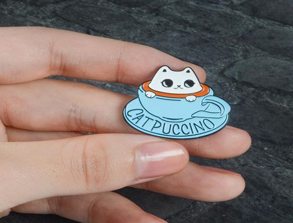 Tienda temática de mascotas, regalo de recuerdo para amigos, taza de té azul, lindo gato blanco, broches esmaltados para baño y café, insignia, Pins de solapa 8898815