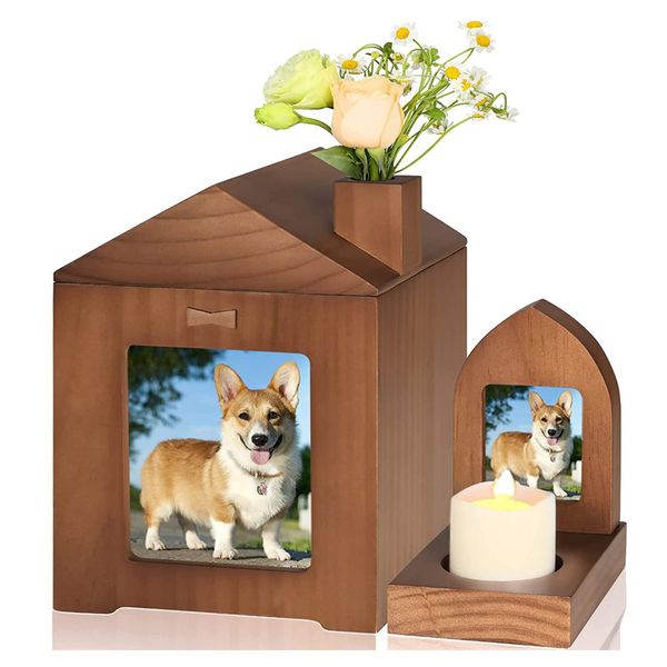Urnas para mascotas para perros, gatos, cenizas, recuerdo de perro, urnas de madera con marco de fotos, portavelas, caja de urnas de cremación funeraria para mascotas, ataúdes de madera como regalos de simpatía para mascotas