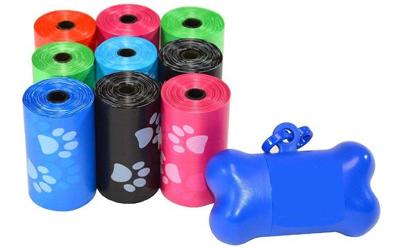 Sacs à déchets pour animaux de compagnie, sacs à excréments pour chiens, respectueux de la terre, anti-fuite, couleur arc-en-ciel + distributeur d'os gratuit et 1 douzaine = 12 rouleaux, 15 pièces/rouleau