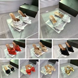 Bloembladen decoratie muildieren platte slippers sandalen 10 cm stiletto glijbanen open teen schoenen dames luxe ontwerper lederen jurk schoen buitenzool schoenen fabriek