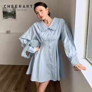 Peter Pan Collar Light Blue Button Up Casual Dress Dames Lange Mouw Een lijn Tuniek Mini Koreaanse Mode Kleding 210427