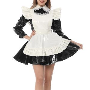Peter Pan Collar Sexy Mini Maid -jurk met ruche schort Sweet Kawaii glanzende PVC lederen sissy fetisj feestjurk schattige cosplay kleding