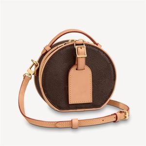 Petite Boite Chapeau Bolsos de hombro de diseñador para mujer Bolso cruzado de cuero real Bolso de mano Monedero redondo Impresión de moda Flor marrón sólido Lujo PEQUEÑO BagM44699 M43514