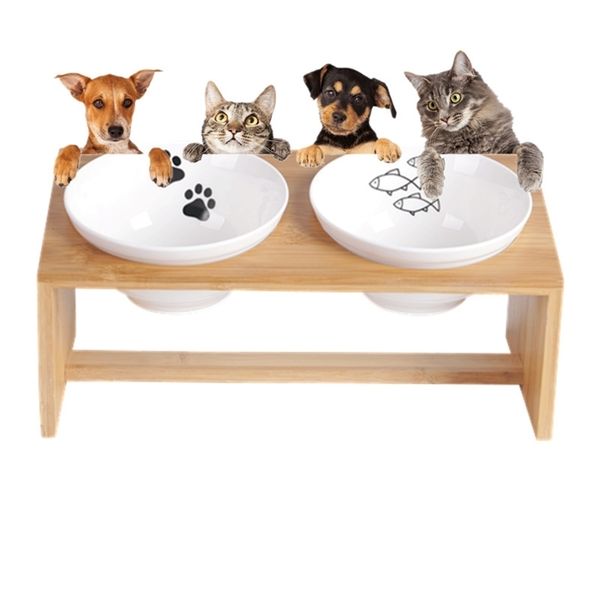 Mascotas Tazón doble Perro Gato Comida Alimentador de agua Soporte Criado Plato de cerámica Tazón Mesa de madera Pata de pescado Alimentador para perros Suministros para mascotas Y200922