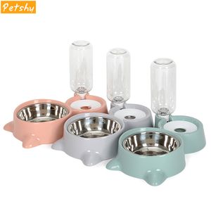 Petshy Dog Cat Food Bowl con botella de agua Cachorro Gatito Dispensador automático Alimentador Mascota Doble No mojado Boca Y200917