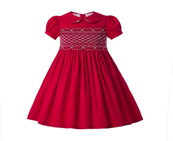 Pettigril Red Robe smockée robe de Noël d'été fille avec manches bouffantes