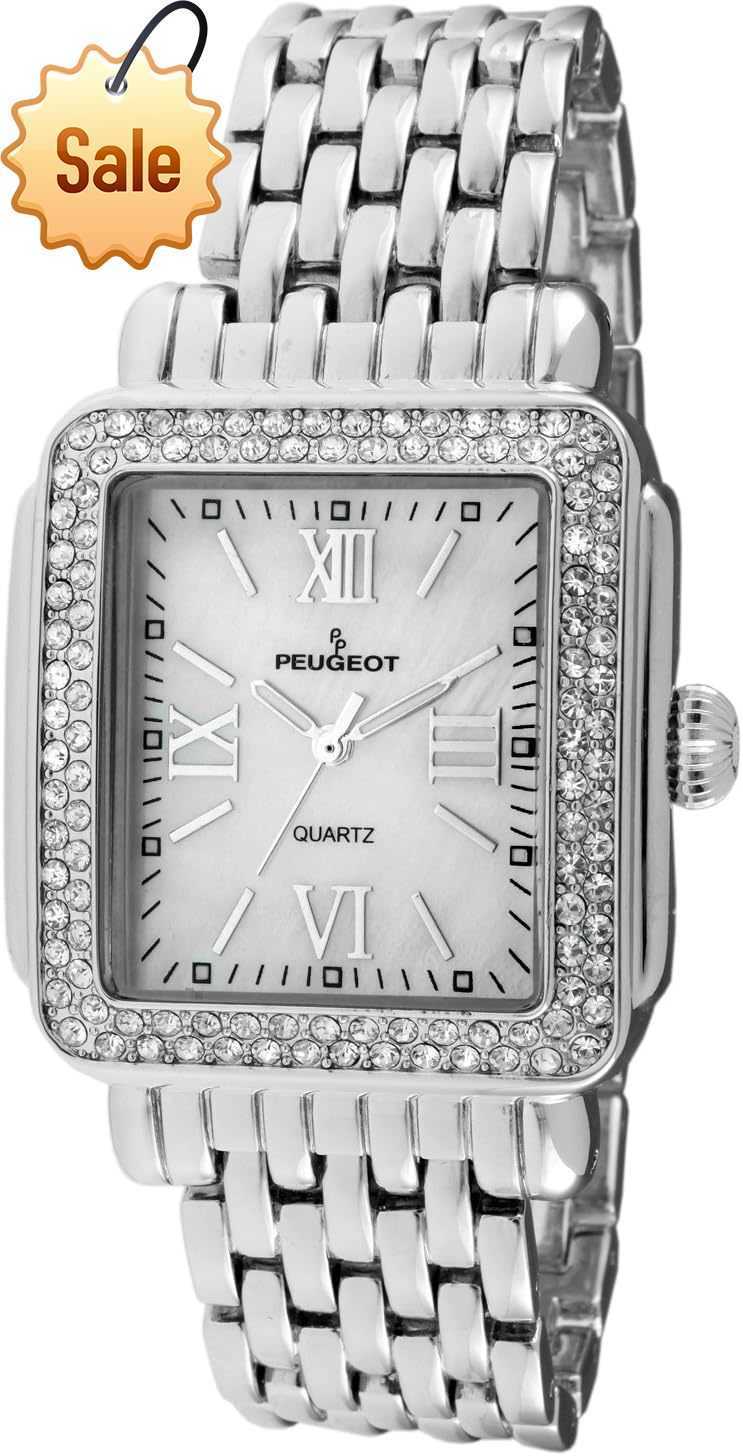 Peugeot Women Rectangle Dress Watch with Crystal Decorated Bezel Roman Numerals and Bracelet