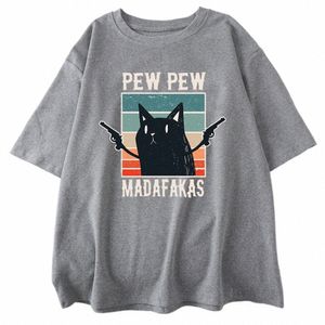 Pew Madafakas Black Cat Print Male Cott Camisetas Vintage Creatividad Manga corta Casual Oversize O-cuello Tops para hombre Tee Ropa k6Zr #