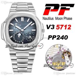 PF V3 5712 Moon Phase PP240 Reloj automático para hombre Reserva de energía D-Blue Texture Dial Pulsera de acero inoxidable Super Edition PTPP Pur263L
