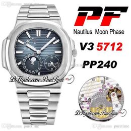 PF V3 5712 Moon Phase PP240 Reloj automático para hombre Reserva de energía D-Blue Texture Dial Pulsera de acero inoxidable Super Edition PTPP Pur235Q