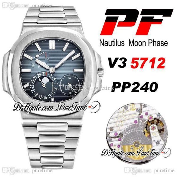 PF V3 5712 Phase de Lune PP240 Montre Automatique pour Homme Réserve de Marche Cadran Texture D-Bleu Bracelet en Acier Inoxydable Super Édition PTPP Pur206l