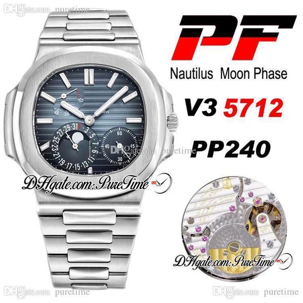 PF V3 5712 Phase de Lune PP240 Montre Automatique pour Homme Réserve de Marche Cadran Texture D-Bleu Bracelet en Acier Inoxydable Super Édition PTPP Pur310n