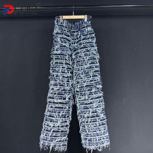 PFHQ mode Jeans décontractés pour hommes nouvelle couleur unie rayé bavure taille haute droit Denim pantalon hommes été 2023 marée 21F3835