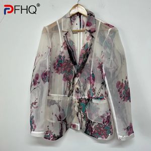 PFHQ HOMMES Élégant Fresh Plum Blossom Printing Cost Coat Perspective Organza Designer China-Chic Autumn Blazers Coat 21Z2118 240329