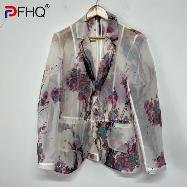 PFHQ Hommes Élégant Frais Fleur De Prunier Impression Costume Manteau Perspective Organza Designer Chine-Chic Automne Blazers Manteau 21Z2118 240318