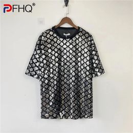 PFHQ Heren losse geruite zware industrie pailletten T-shirt diamant-type rooster ronde hals korte mouw sprankelende tops zomer 21Z3720 240223