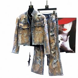 pfhq Heren Denim Jacks Set Zware Industrie Versleten Haute Kwaliteit Veelzijdige Raw Edge Avant-garde Jeans Herfst 21Z2929 59gz#