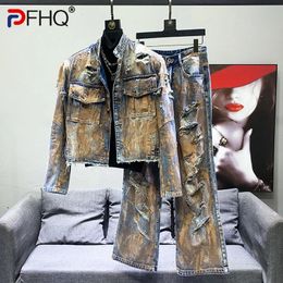 PFHQ streetwear mannelijke denimjacks set zware industrie versleten haute-kwaliteit veelzijdige raw edge avant-garde jeans herfst 21Z2929 240428