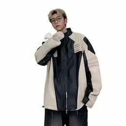 pfnw coréen Fahsi vestes en cuir pour hommes manteau de moto épissé plissé haute rue vêtement d'extérieur pour homme 2024 printemps nouveaux hauts 28W3029 k8Z5 #