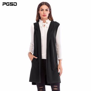 PGSD New Simple Fashion Pure Colored Femmes Vêtements Moyen-long sans manches tricoté gilet à capuche Cardigan Pull manteau femme 201027