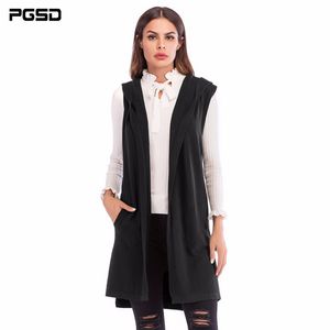 PGSD Simple Mode Pure Colored Femmes Vêtements Mediumlong Gilet tricoté sans manches Cardigan à capuche Pull manteau femme 201031