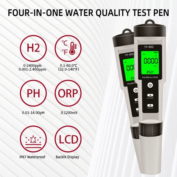 Medidores de PH 4 en 1 H2/PH/ORP/TEMP Meter LCD Backlight Digital Water Quality Monitor Tester PH Meter para piscinas Agua potable Acuarios 230710