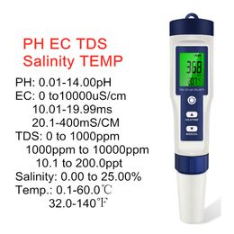 PH Meter 5 In 1 Digitale PH TDS EC Meter Zoutgehalte Temperatuur Tester Geleidbaarheid Water Filter Zuiverheid Pen met achtergrondverlichting 50% korting 230804