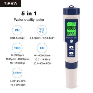 PH Meters 5 in 1 TDS/EC/PH/Salinity/Temperature Meter Digital Water Quality Monitor Tester for Pools Drinking Water Aquariums 230628