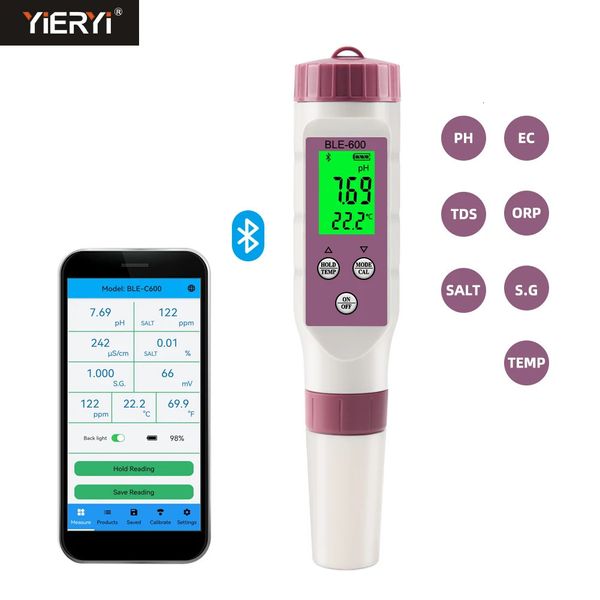 Medidores de pH 7 en 1 Temp ORP EC TDS Salinidad S.G Medidor de pH en línea Probador de calidad del agua de diente azul Control de aplicación para beber laboratorio Acuario 231020