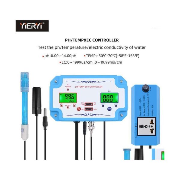 Medidores de Ph en línea Ph/Ec/Temp Tester Medidor Detector de calidad del agua Controlador Relé Enchufe Electrodo reemplazable Tipo Bnc Sonda Us Eu Pl Dhpvd