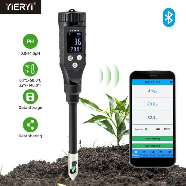 Medidores de PH Medidor de PH de suelo inteligente 0.0~14.0pH Probador de suelo Bluetooth Registrador de datos Analizador de acidez de temperatura para plantación hidropónica Jardín Tierras de cultivo 231122