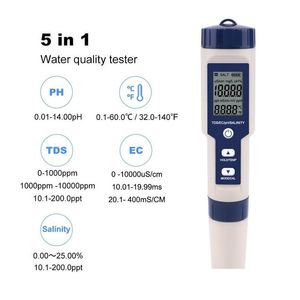 Ph-mètres Testeur d'eau numérique professionnel en gros 5 en 1 Ph/TDS/EC/salinité/température stylo étanche Mti-fonction compteur Drop D DH2Yz