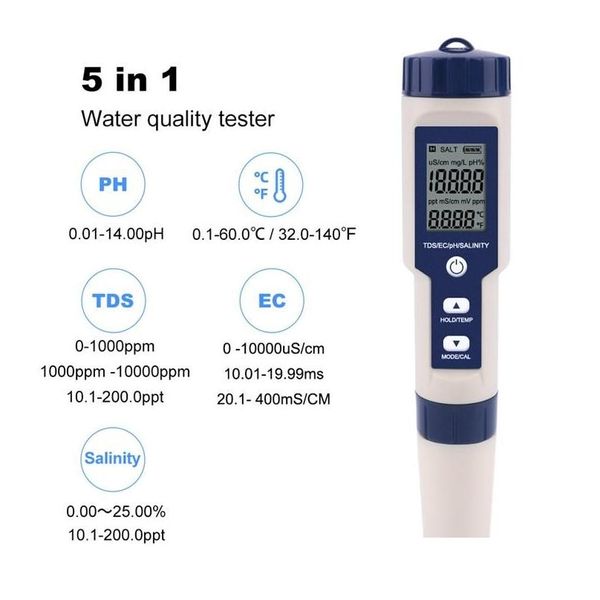 Ph-mètres Testeur d'eau numérique professionnel en gros 5 en 1 Ph/TDS/EC/salinité/température stylo étanche Mti-fonction compteur Drop D DH2Yz