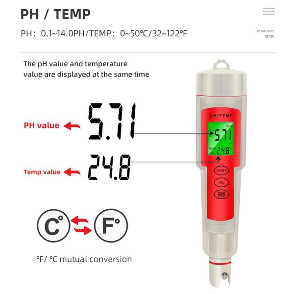 PH Temperature Metter Digital Water Quality Monitor Tester For Pools Soil Drink Water Aquarium 0-14 pH Range Pencild Metter