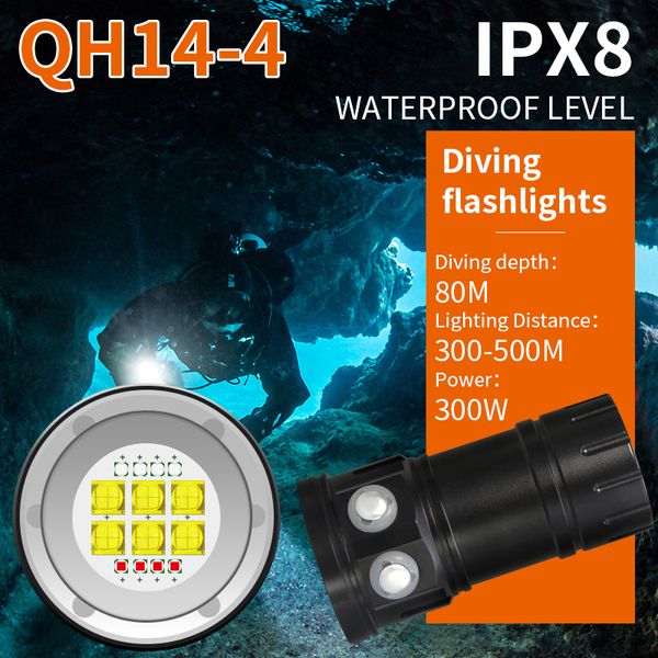 PH14-4 IPX8 300W sous-marine 80M 28800LM LED Photo plongée lampe de poche mettre en évidence LED photographie vidéo torche tactique lumière