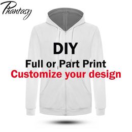 Phantasy DIY personaliza tu propio diseño 3D impreso cremallera sudaderas con capucha hombres imprimir bajo demanda personalizado Sudadera con capucha de gran tamaño 220704