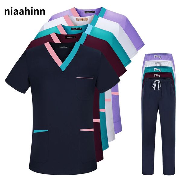 Pharmaciens uniformes chemises infirmières Shortsleeved Beauty Salon Workwear Clinic Clinic Tops Pantals Summer 240418