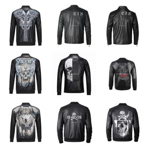 Philipe Plein Brand Men's Pp Skull Automne Automne Hiver Embroderie en cuir en cuir Faur Veste de baseball Épais Col de base de la collection de moto de manteau extérieur