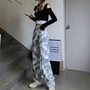 Philosophy Wonder Tie-Dye Pantalon Bleu Casual Vintage Design Sense Lâche Large Jambe Taille Haute Pantalon Droit Bas 210510