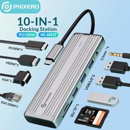 PHIXERO Station d'accueil Type C HUB vers 4K 60Hz Compatible USB 3.0 adaptateur RJ45 PD100W Charge pour Macbook Pro PC accessoire 240104
