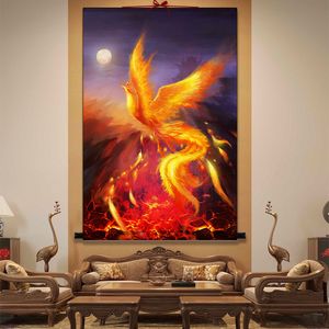 Phoenix dans le bain de feu, nirvana divine oiseau - peinture suspendue au cinabre, cent oiseaux face au phénix, peinture décorative