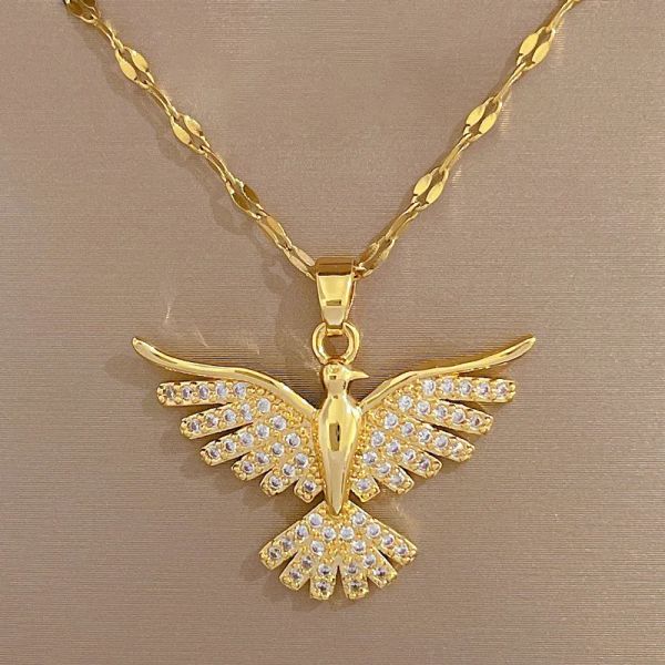Phoenix Wings Collier de luxe léger en or jaune 14 carats avec aigle russe à double tête pour femme