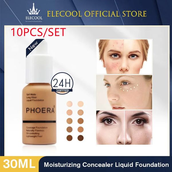 Phoera 10pcs Face Foundation Liquid Set Matte Foundation Foundation Fonde Face Correcteur d'huile Control Cosmetic Drop Makeup TSLM1 231227