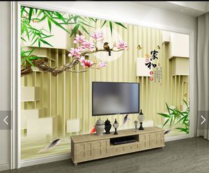 Telefoon 3d behang HD gelaagde bamboe bladeren magnolia vogel inktvis woonkamer slaapkamer achtergrond wanddecoratie muurschildering behang